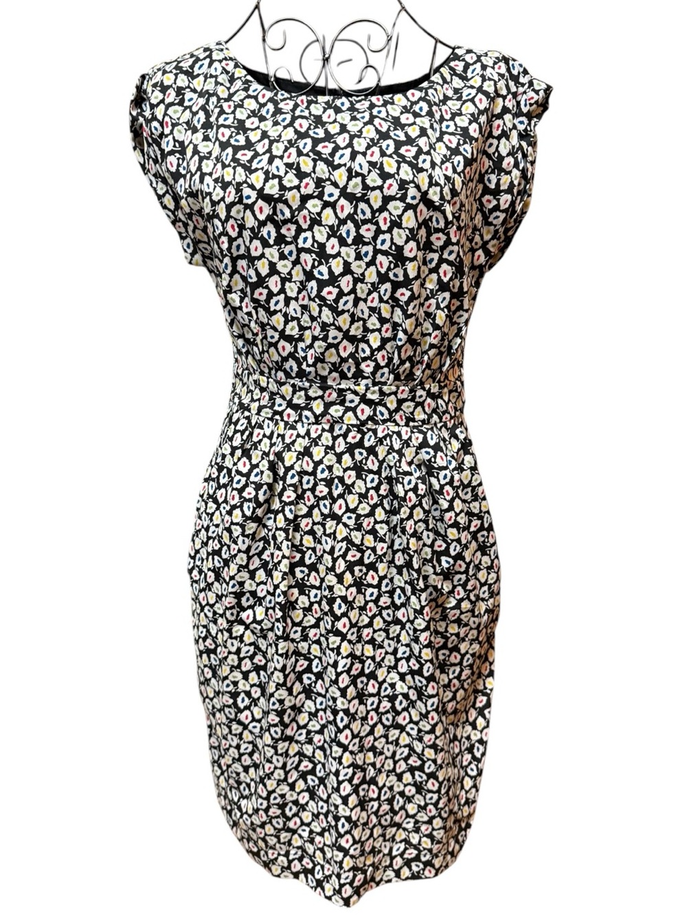 Emily and Fin Floral Cap-Sleeve Sheath Dress in Black Pink Yellow Accents sz 6